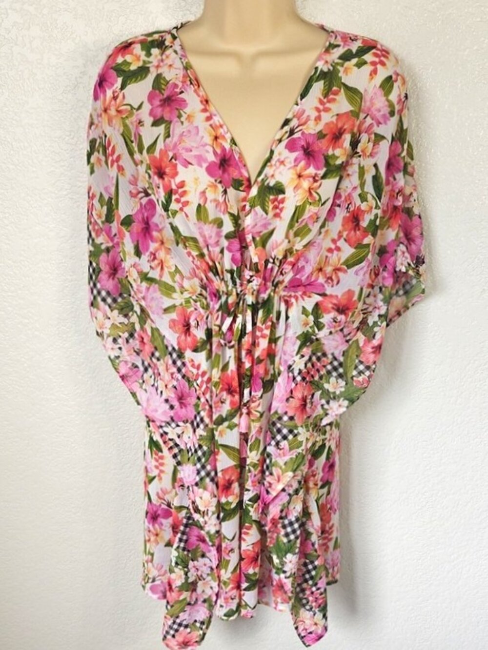 Bleu Rod Beattie Size M Swim Cover Up Chiffon Caftan Tunic Pink Florals